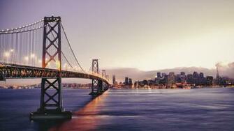 San Francisco Beautiful Scenery Dusk Bay Bridge Lights Skyscrapers