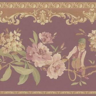Burgundy Monkey Floral Border Wallpaper Contemporary