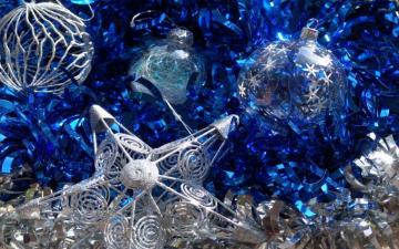 Silver Baubles On Blue Ribbon Wallpaper Holiday