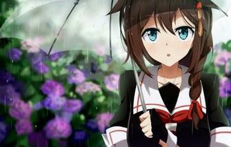 Wallpaper Girl Flowers Rain Umbrella Anime Art Tomato