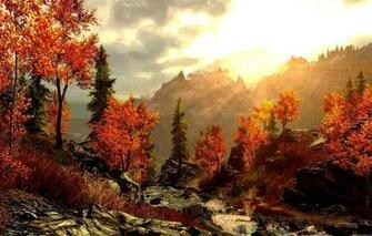 Wallpaper Art Painting Beautiful Fall Mountain Forest