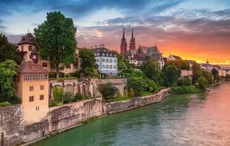 Wallpaper Sunset River Building Home Switzerland