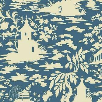 Asian Scenic Toile Wallpaper Denim Blue Cream Double Roll Traditional