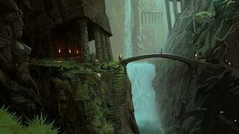 Wallpaper Mountains Waterfall Bridge Statue Temple Lights Steps