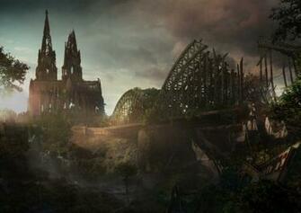 Apocalyptic Sunlight Overgrowth Bridge Buildings Wallpaper