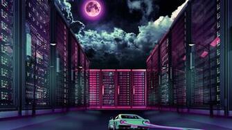 Wallpaper 4k Retrowave Car Going Through City Moon