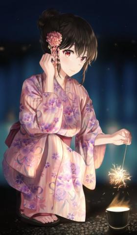 Wallpaper Pretty Anime Girl Yukata Festival Sparkle