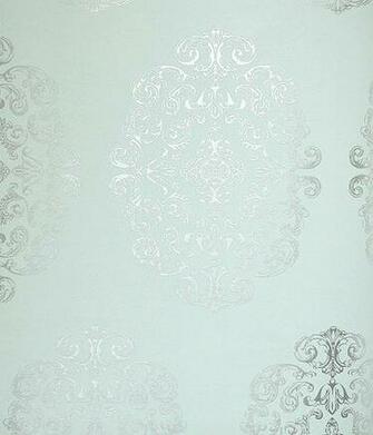 Zecca Wallpaper Aqua With Large Medallion In Silver Metallic