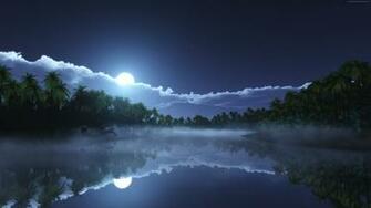 River Wallpaper Nature Water Sea Palms Night Moon