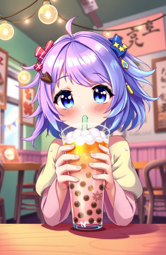 Cute Anime Girl Drinking Boba Wallpaper