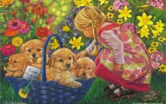 Puppies Child Turtle Flowers Desktop Pc And Mac Wallpaper