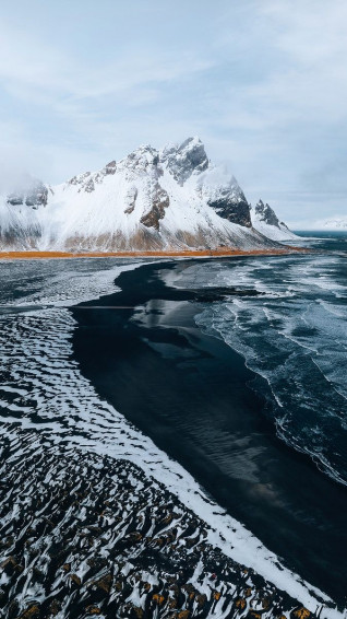 Beautiful Black Sand Beach In Winter At Vestrahorn Iceland