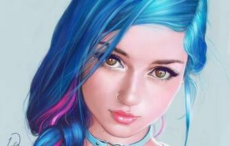 Wallpaper Look Girl Portrait Makeup Piercing Art Blue Hair