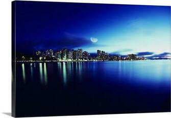 Hawaii Oahu Honolulu Waikiki Skyline At Night Moon Overhead