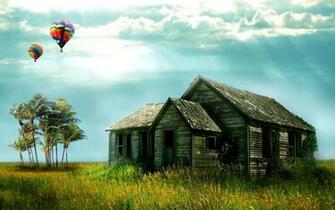 Old House And Balloons On The Field Wallpaper Original HD