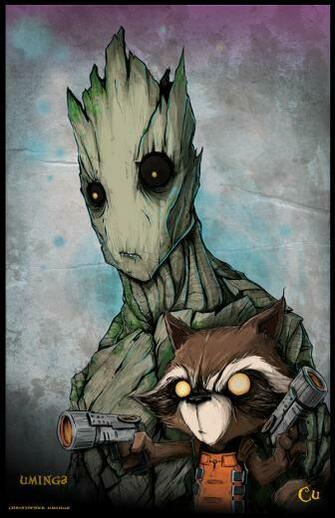 The Galaxy Character Illustration Featuring Rocket Raccoon And Groot