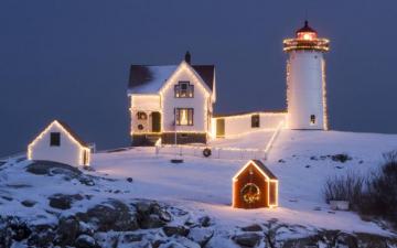 Christmas Lighthouse Wallpaper Stock Photos