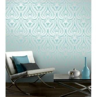 Love Wallpaper Shimmer Damask Metallic Feature Teal Silver