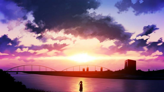 Anime Sunset River Sky Clouds Wallpaper HD Desktop