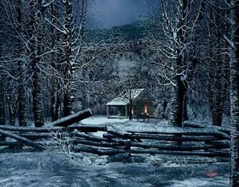 Snow Cabin Christmas Tree Lights Pines Winter Deer