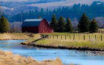 Red Barn By The River Wallpaper Nature