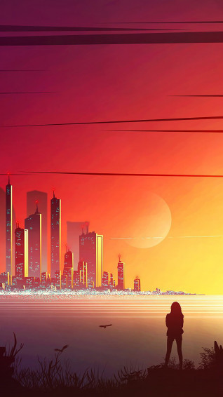 Sunset Digital Art Cityscape Buildings 4k Wallpaper