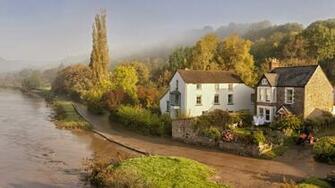 Nature England Forests Houses Fog Rivers Farm Life Wallpaper