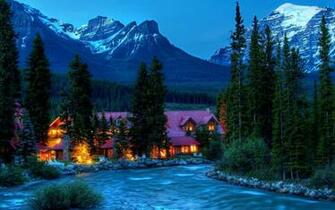 Riverside Winter Cabin Wallpaper World
