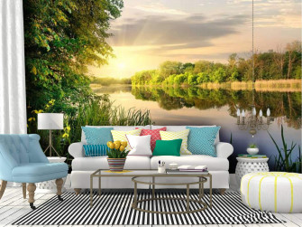Wall Mural Vibrant Sunset On River Natural Summer Scenery Stock