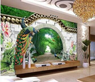 Non Woven Wallpaper 3d Spring Bamboo Round Door Papel De