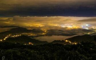 Landscape Night Fog Mist Lights Sky City Wallpaper