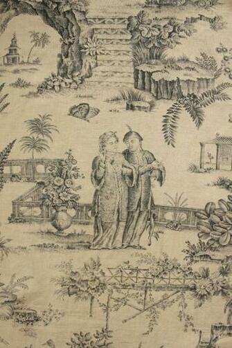 Vintage French Chinoiserie Toile De Jouy Printed Linen Curtain Trim B