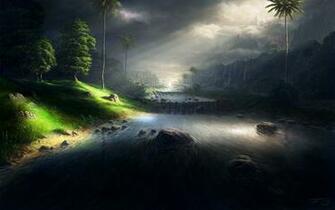 Art Palm Trees Rivers Wallpaper