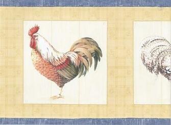 Blue Yellow Cream Roosters Wallpaper Border Country Folk