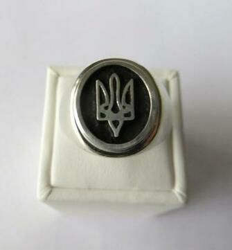 Sterling Silver Oval Tryzub Ring With Antiqued Background