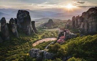 Wallpaper Meteora Greece Monastery Mountains Desktop