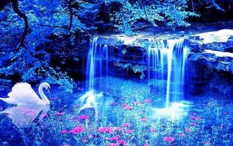 Swan Waterfall Flowers 3d Wallpaper
