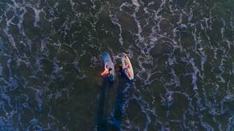 A Drone Shot Aerial Of Two Surfers On Their Boards At