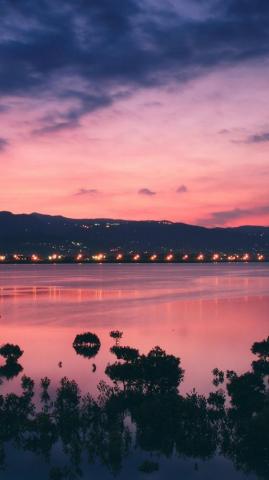 River Bank City Sunset Landscape iPhone Wallpaper