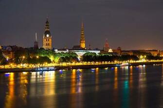 Pictures Latvia Riga Night Rivers Street Lights Trees Cities Houses