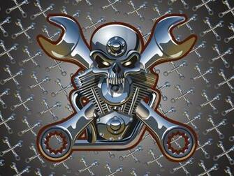 Wicked Skull On Top Of A Motorcycle Engine With Crossed Wrenches