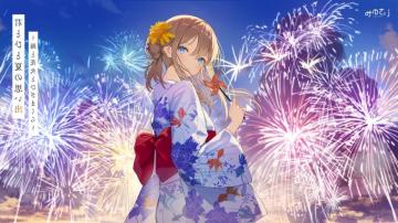 Wallpaper Festival Anime Girl Back Fireworks Blonde