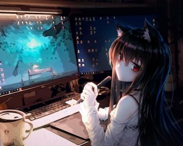 Anime Cat Girl Room Computer Animal Ears Coffee Gamer