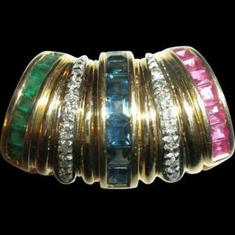 Wonderful Vintage Fruit Salad 14kt Gold Sapphire Emerald Ruby From