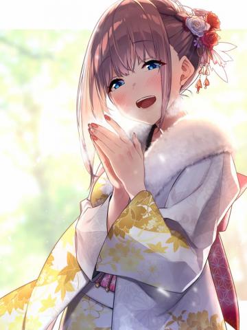 Kimono Brown Hair Anime Girl Smiling Happy
