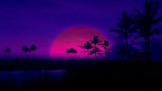 Palm Trees Retrowave Purple Sunset HD Wallpaper