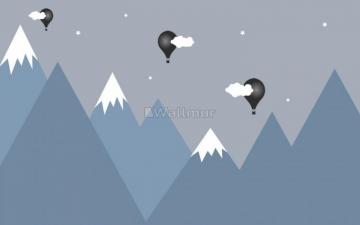 Cartoon Mountain Landscape With Hot Air Balloon Wallpaper Mural