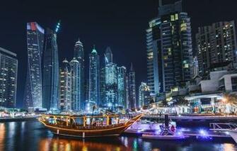Wallpaper City Lights Dubai Sea Ocean Night Evening