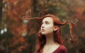 Redhead Girl Birds Art Photo Wallpaper