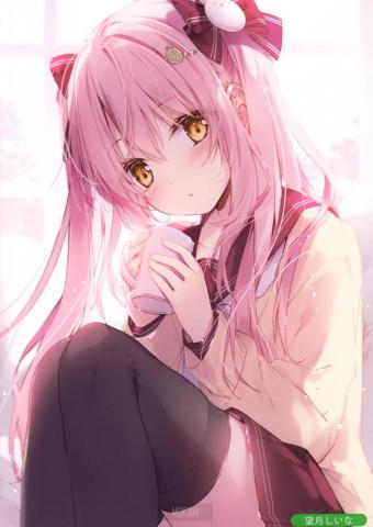 Anime Girl Yellow Eyes Pink Hair Cup Stockings